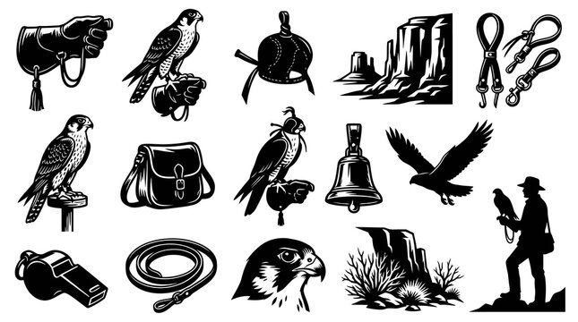 Black  White Falconry Icons Set: Vintage Engraving Style with Falcons, Falconer  Hunting Gear