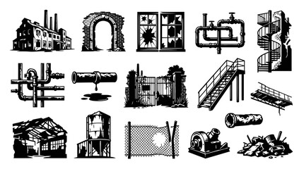 Fototapeta premium Grunge Industrial Icons: Factory, Pipes, Stairs, Junk, Ruin Art