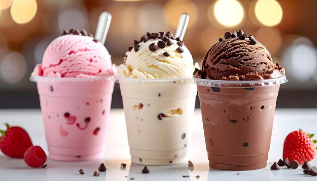 Tres batidos cremosos de fresa, vainilla y chocolate con nata sobre fondo desenfocado