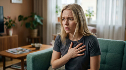 Fototapeta premium Young woman holding chest in distress at home feeling anxious and unwell indoors