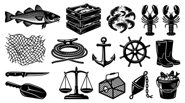 Fishing Industry Black and White Glyph Icons Set - Seafood and Maritime Elements Collection