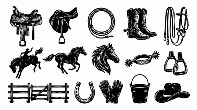 Vintage Engraving Style Western Cowboy Ranch Rodeo Icons. Black and White Equestrian Gear and Horse Equipment Set.