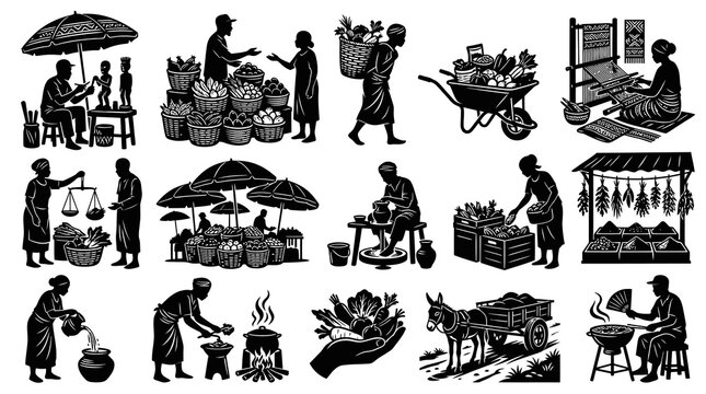 Traditional Market, African Culture  Daily Life Work Activities Silhouettes Vector Illustration Set