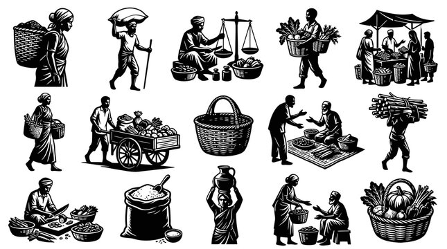 Black  White Line Art of Indian Farmers Selling Produce at Market