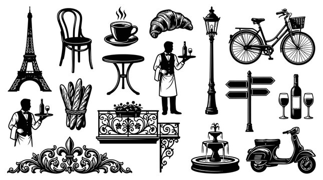 Paris Cafe Icons: Eiffel Tower, Bicycle, Scooter, Food  Drink - BW Line Art