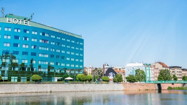 Poland, Wroclaw, 10.05.2026. Modern hotel park plaza building on the oder river bank in wroclaw poland.
