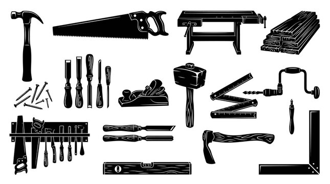 Carpentry Woodworking Hand Tools Collection Black and White Silhouette Vector Set