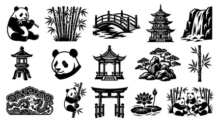 Obraz premium Black White Line Art Chinese Icons: Pandas, Pagodas, Bamboo, Dragon, Bridge