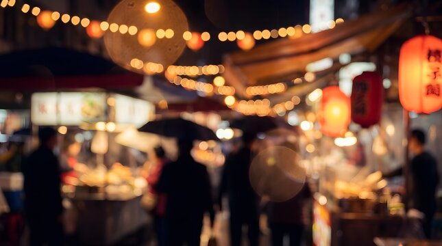 Out of focus lights from lanterns and stalls create a warm atmosphere at a busy evening bazaar