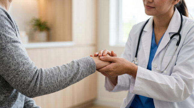 Doctor holding elderly patient's hands in comforting consultation at clinic