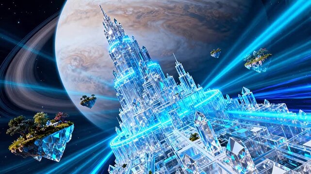 Fantasy crystal castle floating on islands in space with giant planet background