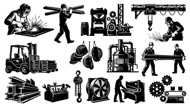 Black and White Industrial Manufacturing and Construction Icons