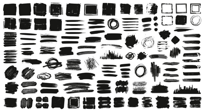 Paint brush strokes. Black vector rough edge rectangles. Grunge square frames set. Jagged edge torn paper background collection. Grungy distressed text boxes. Transparent background SVG version.