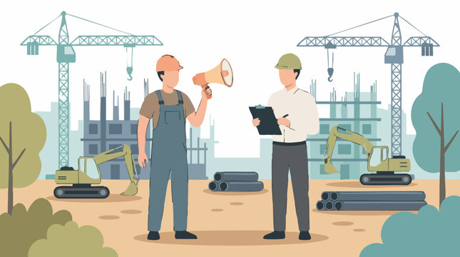 Construction site communication between foreman and manager with heavy machinery