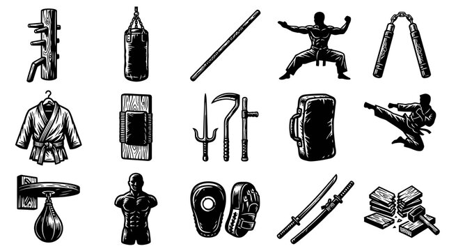 Black and White Line Art Icons of Martial Arts Equipment and Figures