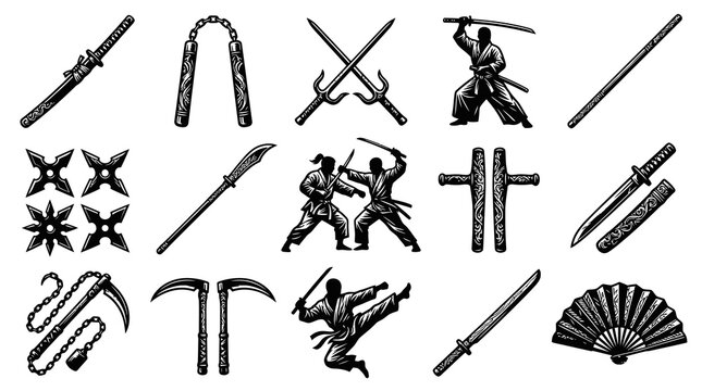 Vintage Martial Arts Weapons and Practitioners Black  White Engraving Line Art Icons Set