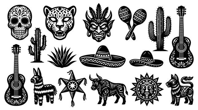 Mexican Culture Icons: Sugar Skull, Jaguar, Cactus, Guitar, Sombrero, Bull, Sun
