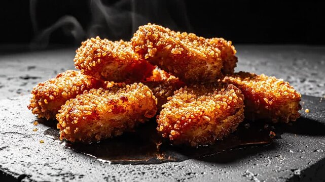 Delicious golden fried chicken nuggets piled on a dark textured surface, steaming hot