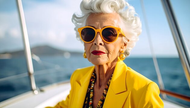 Mujer mayor elegante con traje amarillo y gafas de sol en un barco frente al mar