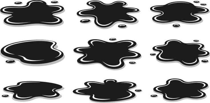 Collection of black liquid oil splashes and puddle shapes set.