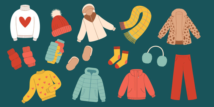 Flat vector set of winter clothing and cozy accessories collection.