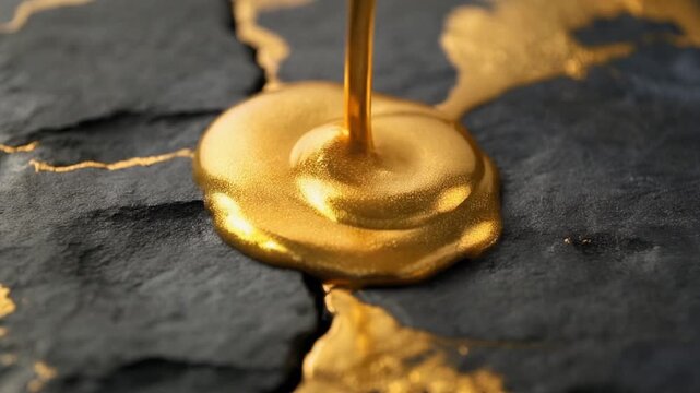 Macro Slow Motion Shot of Golden Liquid Pouring onto Dark Cracked Stone, Filling Imperfections and Spreading, Symbolizing Repair, Resilience