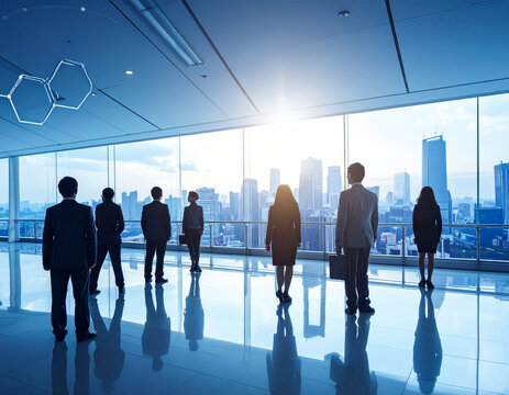 Business people overlooking cityscape