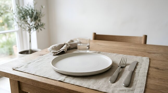 Minimalist dining table setting with plate, cutlery, napkin, and tree