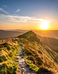 Obraz premium A serene landscape photo of a sunset over rolling hills