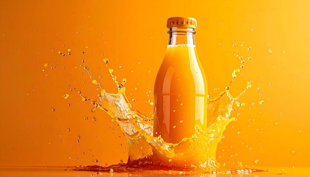 Botella de zumo de naranja con salpicaduras sobre fondo amarillo intenso en presentaci&oacute;n comercial