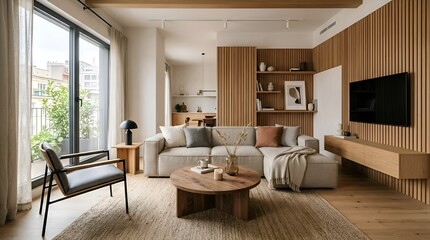 Fototapeta premium Modern living room interior design with wooden accents and natural light