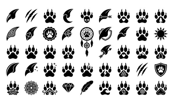 Animal paw and claw solid icon set. Includes wolf prints, eagle talons, scratch marks, dreamcatcher, mountains, trees, arrows, and tribal symbols. Solid black vector glyphs.