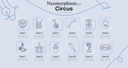 Circus entertainment set icon. Outline icons with clown face, drum, unicycle, crown arc, teddy costume, kettlebell, hoop act, tent, magic hat rabbit, ice cream, flower stand, ticket © Anastasia