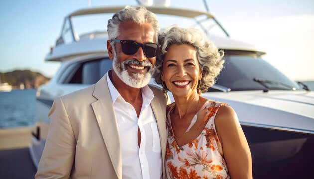 Pareja mayor sonriendo junto a un yate en un puerto durante unas vacaciones de verano