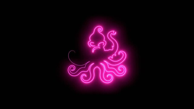 Octopus with tentacles. Sea and ocean animal. Cute giant kraken monster, cartoon creepy underwater cuttlefish. Thin lines style emblem for the menu of the seafood restaurant. Neon glowing.
