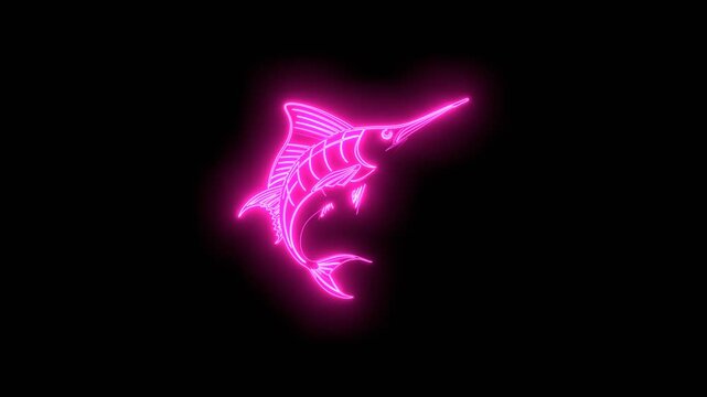 Sailfish, swordfish, marlin emblem. Seafood shop , signboard, restaurant menu, fish market design template. Fresh seafood. Fishing trophy. Neon glowing.
