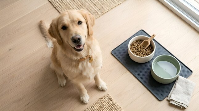 Golden retriever puppy sitting by food and water bowls