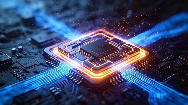 Microchip processor with orange and blue glowing pins on circuit board