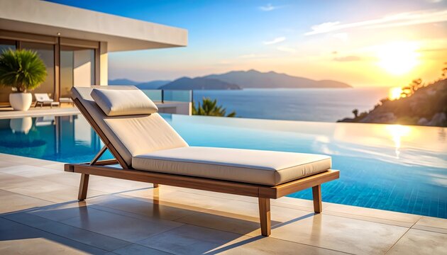 Tumbona junto a piscina infinita con vistas al mar al atardecer en un resort de lujo