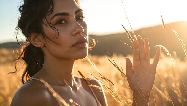 Mujer en un campo dorado al atardecer con luz c&aacute;lida y gesto sereno de conexi&oacute;n con la naturaleza
