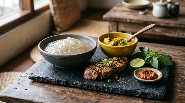 Papeda with grilled tuna, yellow turmeric broth, lime, and sambal for seafood restaurant menus, hospitality branding, and regional food promotion.
