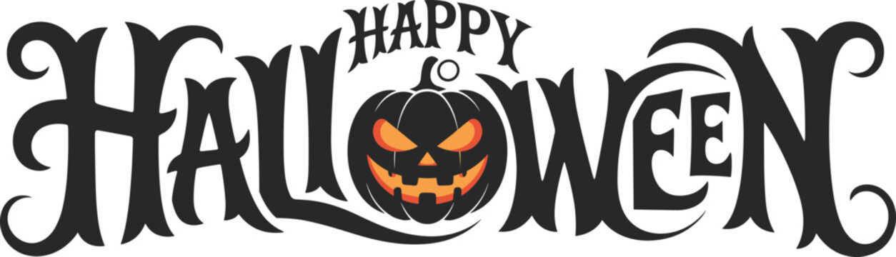 Happy Halloween black text with spooky pumpkin vector art, scary jack o lantern illustration.