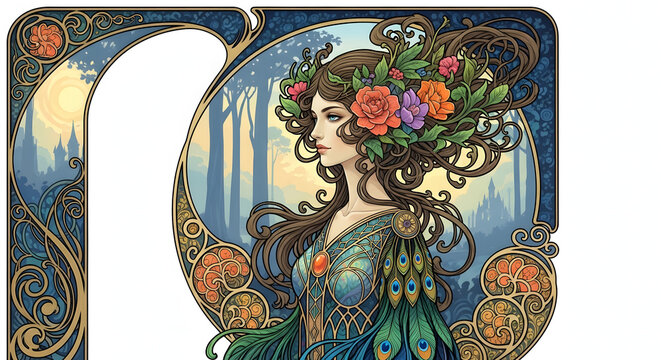Art nouveau style illustration of a beautiful woman with floral hair and peacock feather dress in a fantasy forest setting with castle silhouettes