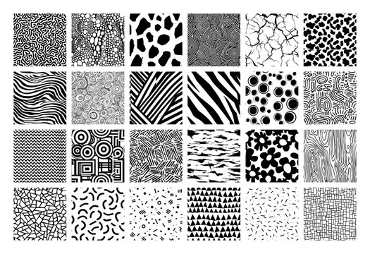 Diverse pattern collection featuring organic and geometric textures in monochrome style