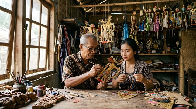 Indonesian puppet makers, cultural heritage, craftsman's workshop scene