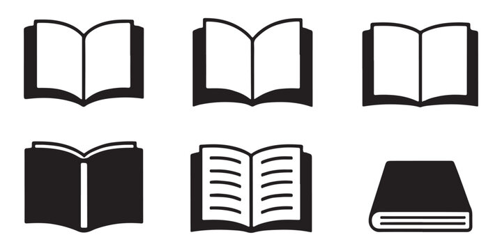 Book icons, black and white book symbols, open and closed book illustrations, educational icons set