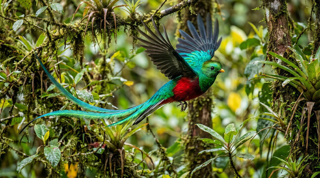 Resplendent quetzal in flight with vibrant green and red plumage