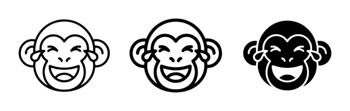 Three Monkey Face Icons, Line Art and Silhouette, Expressive Joyful Expressions, Vector Graphics for Animal Themes