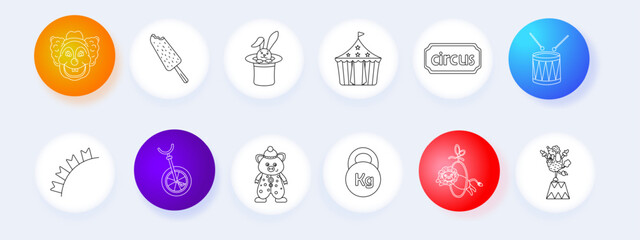 Circus set icon. Clown, icecream, magic, tent, sign, drum, unicycle, toy, weight, balloon, performance, entertainment, show, festival, fun, amusement © Anastasia