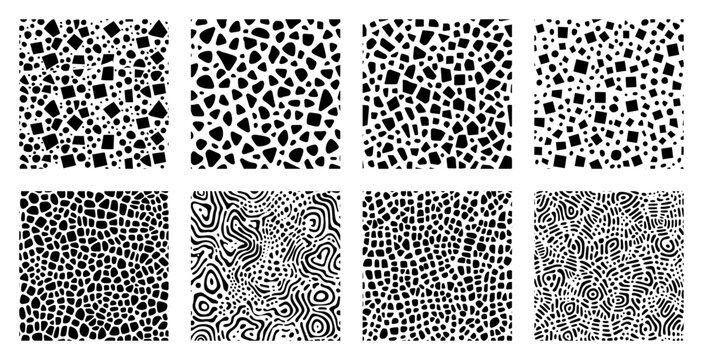 Mosaic pebble patterns and abstract organic line textures in grid format